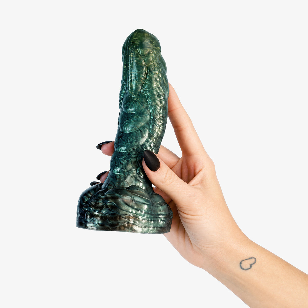 The Golem Dildo, held in hand, second shot, platinum-cure silicone dildo