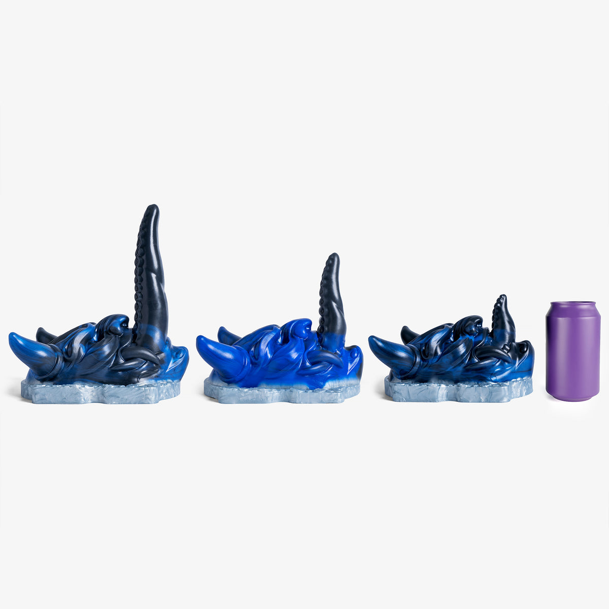 The Oni II Grinder, every size lined up next to a 330ml can, platinum-cure silicone grinder