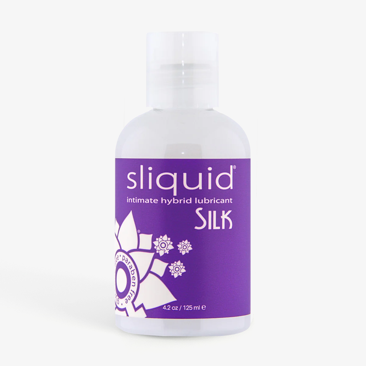 Sliquid silk original hybrid-based lubricant 4.2oz/125ml front.