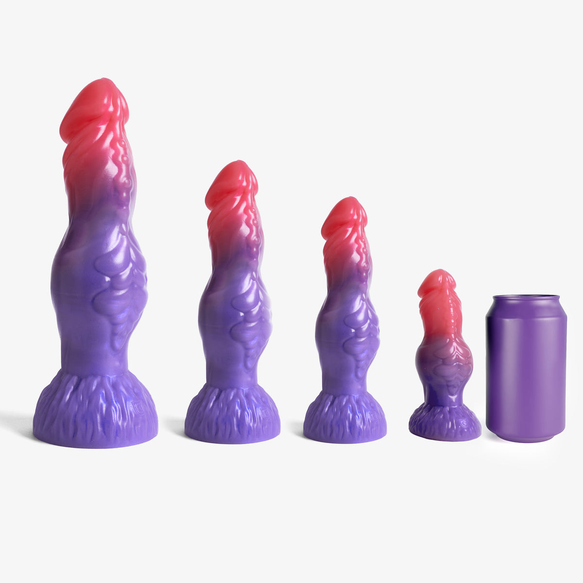 The Werewolf Dildo, every size lined up next to a 330ml can, platinum-cure silicone dildo