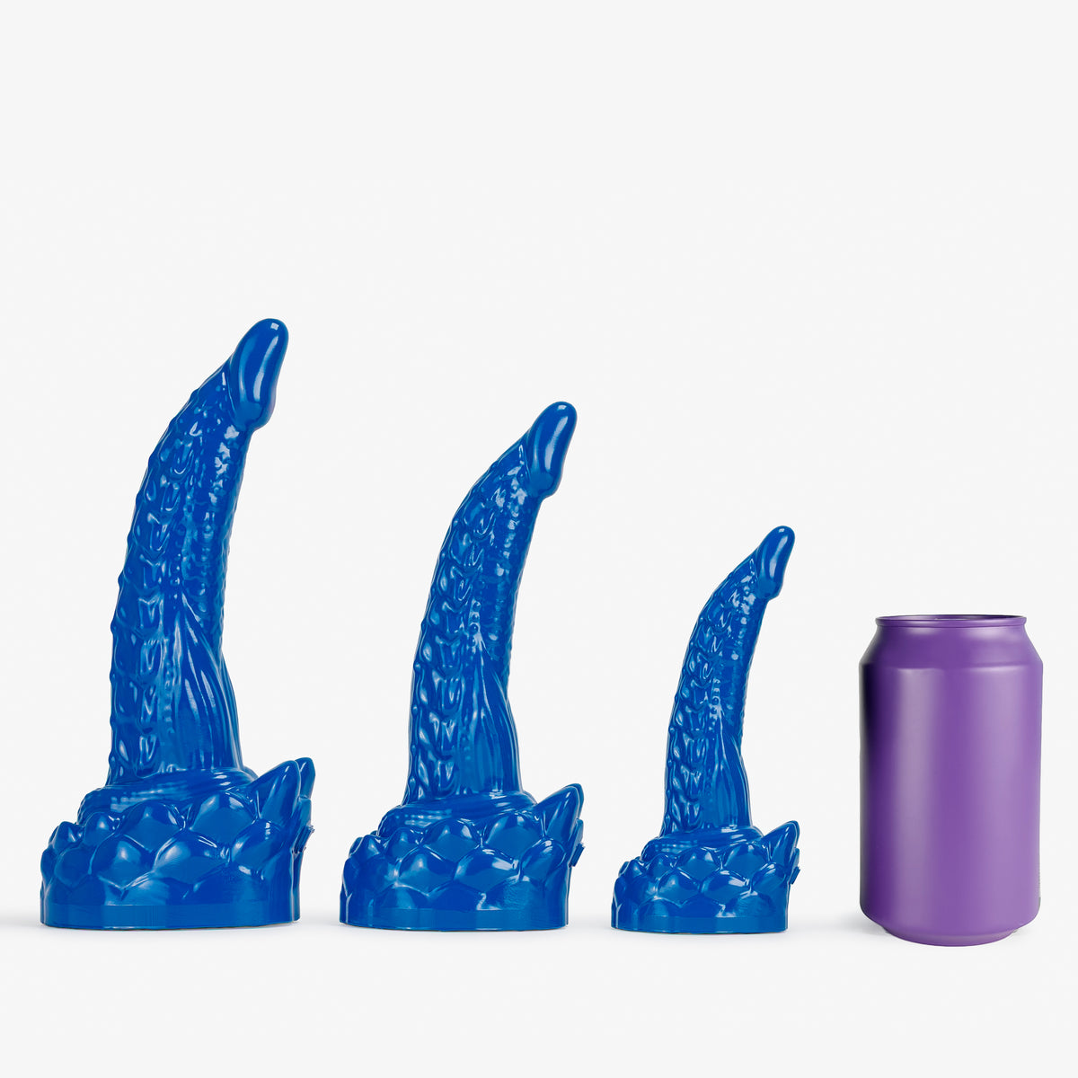 The Dragon III Dildo, three sizes next to a 330ml can, platinum-cure silicone dildo