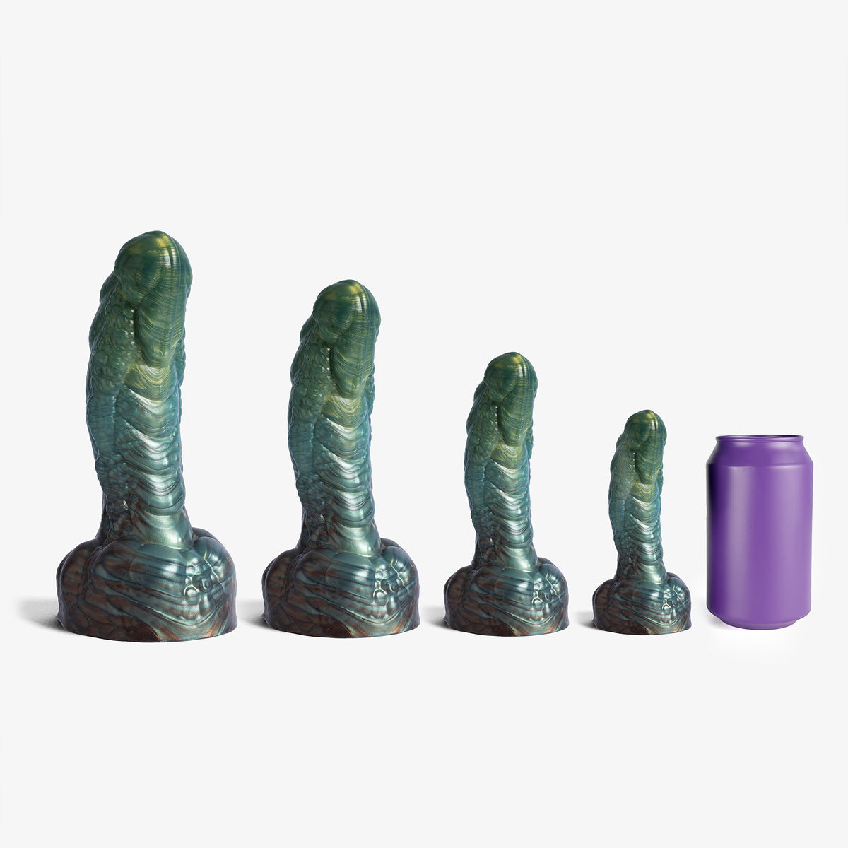 The Golem Dildo, every size lined up next to a 330ml can, platinum-cure silicone dildo