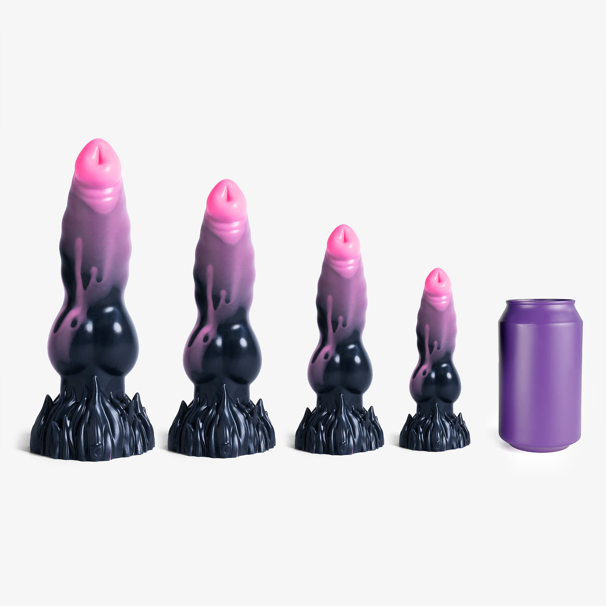 The Knot IV Dildo, every size lined up next to a 330ml can, platinum-cure silicone dildo
